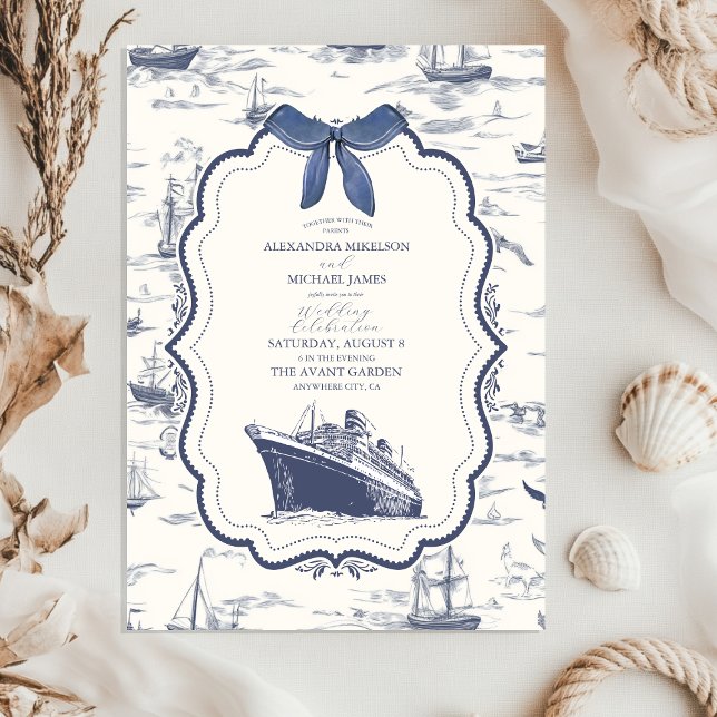 Chic Nautical Toile de Jouy Bow Wedding Einladung (Von Creator hochgeladen)