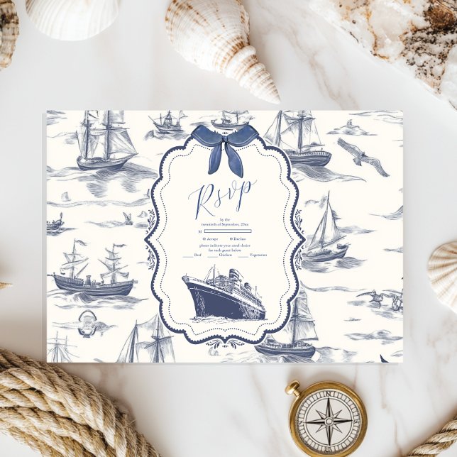 Chic Nautical Toile de Jouy Bow Wedding RSVP Karte (Von Creator hochgeladen)