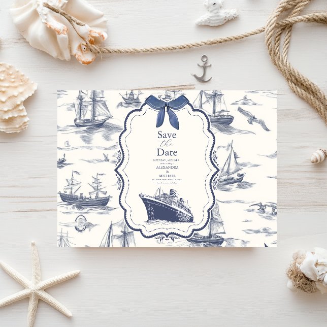 Chic Nautical Toile de Jouy Bow Wedding Save The Date (Von Creator hochgeladen)