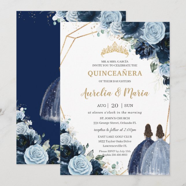 Chic Navy Baby Blue Floral Girls Twins Quinceañera Einladung (Vorne/Hinten)