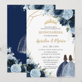 Chic Navy Baby Blue Floral Girls Twins Quinceañera Einladung