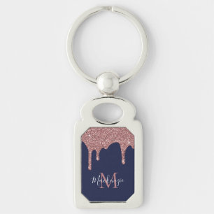 Chic Navy Blau Roségold Glitter Tropfen Monogramm Schlüsselanhänger