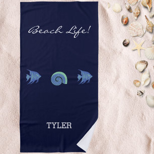 Chic Navy Blauer Fisch und Name der Muschel Strandtuch