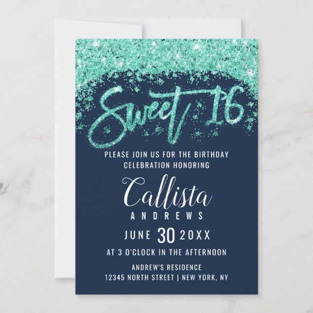 Chic Navy Blue and Turquoise Glitzer Dust Sweet 16 Einladung (Vorderseite)