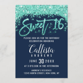 Chic Navy Blue and Turquoise Glitzer Dust Sweet 16 Einladung