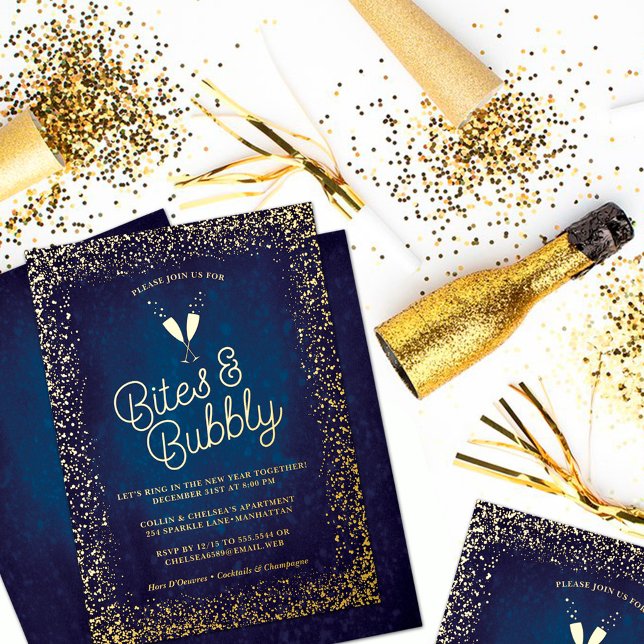 Chic Navy Blue Bites & Bubbly Holiday Party Folieneinladung (Von Creator hochgeladen)