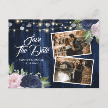 Chic Navy Blue Blush Floral Save the Date