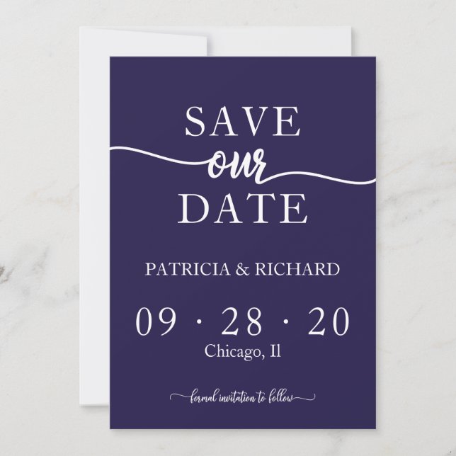Chic Navy Blue Calligraphy Wedding Save the Date Einladung (Vorderseite)