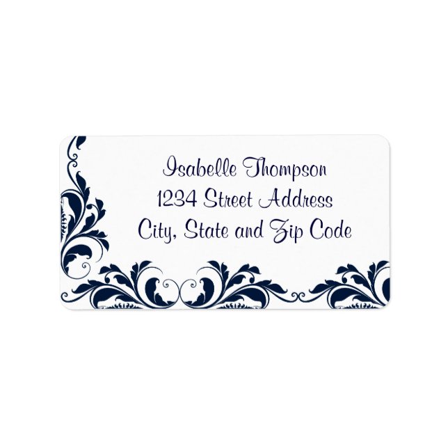 Chic Navy Blue Damask Blüh Border Adressaufkleber (Vorne)