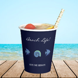 Chic Navy Blue Familienname Muscheln Fish Beach Ho Pappbecher