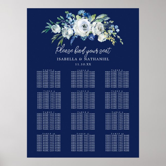 Chic Navy Blue Floral Winter Hochzeitskarte Poster (Vorne)