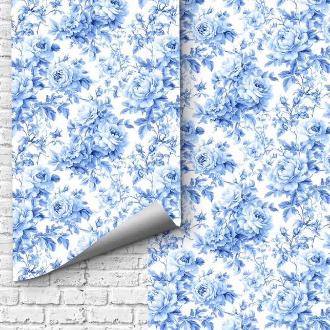 Chic Navy Blue French Toile Roses Floral Wallpaper Tapete (Navy Blue French Toile Roses Floral Wallpaper Design)