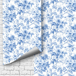 Chic Navy Blue French Toile Roses Floral Wallpaper Tapete