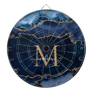 Chic Navy Blue Glitzer Agate Geode Monogram Dartscheibe