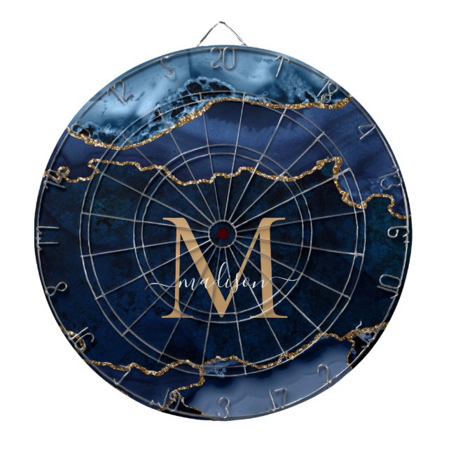 Chic Navy Blue Glitzer Agate Geode Monogram Dartscheibe (vorne)
