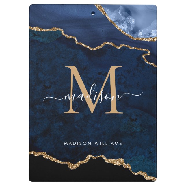 Chic Navy Blue Glitzer Agate Geode Monogram Klemmbrett (Rückseite)