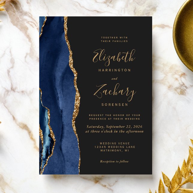 Chic Navy Blue Gold Agate Dark Wedding Einladung (Von Creator hochgeladen)