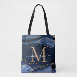 Chic Navy Blue Gold Agate Geode Feminine Monogram