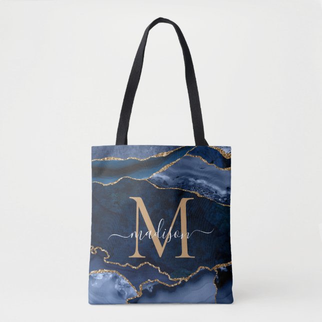 Chic Navy Blue Gold Agate Geode Feminine Monogram (Vorderseite)