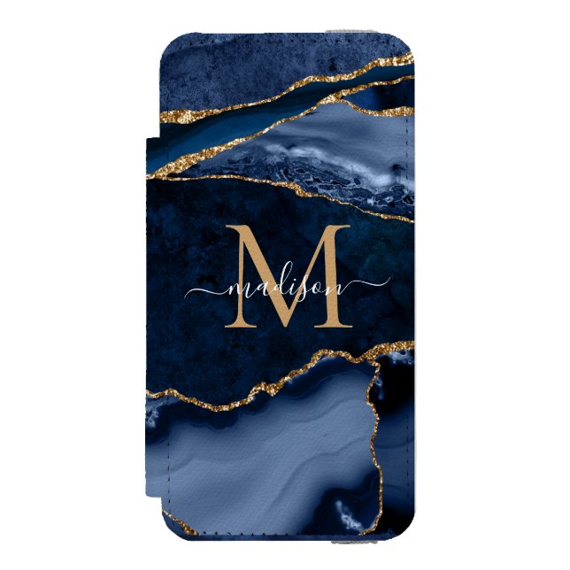 Chic Navy Blue Gold Agate Geode Feminine Monogram Incipio iPhone Geldbeutel-Hülle (Folio Vorderseite)