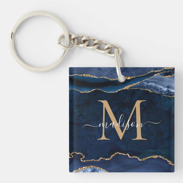 Chic Navy Blue Gold Agate Geode Glitzer Monogram Schlüsselanhänger (Vorderseite)