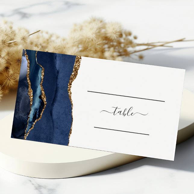 Chic Navy Blue Gold Agate Wedding Table Platzkarte (Von Creator hochgeladen)