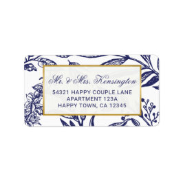 Chic Navy Blue Gold Botanical Wedding Address Adressaufkleber