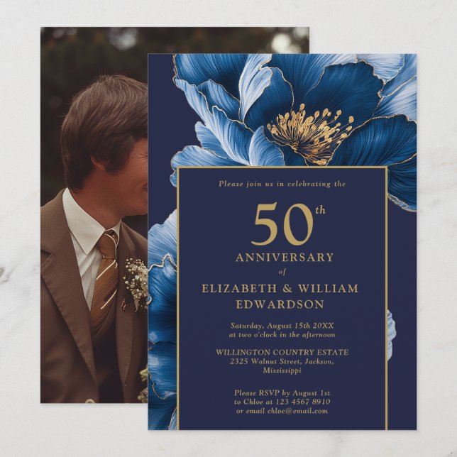 Chic Navy Blue Gold Floral 50 Jahre Foto Einladung (Vorne/Hinten)