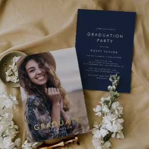 Chic Navy Blue Gold Foil Foto Graduation Party Folieneinladung