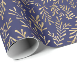 Chic Navy Blue Gold Foliage Muster Geschenkpapier