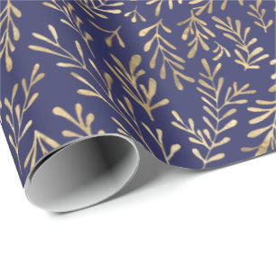 Chic Navy Blue Gold Foliage Muster  Geschenkpapier