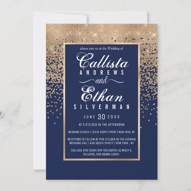 Chic Navy Blue Gold Glitzer Confetti Wedding Einladung (Vorderseite)