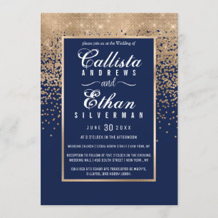 Chic Navy Blue Gold Glitzer Confetti Wedding Einladung