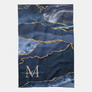 Chic Navy Blue Gold Glitzer Geode Marble Monogram Geschirrtuch