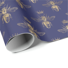 Chic Navy Blue Gold Queen Bee Pattern Geschenkpapier