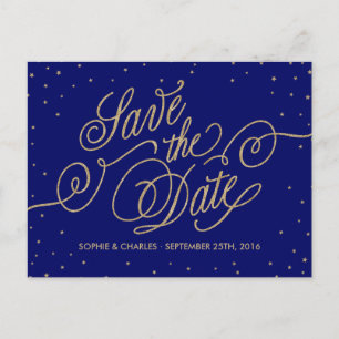 Chic Navy Blue & Gold Stars Save the Date Postcard Ankündigungspostkarte