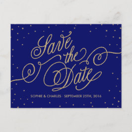 Chic Navy Blue & Gold Stars Save the Date Postcard Ankündigungspostkarte
