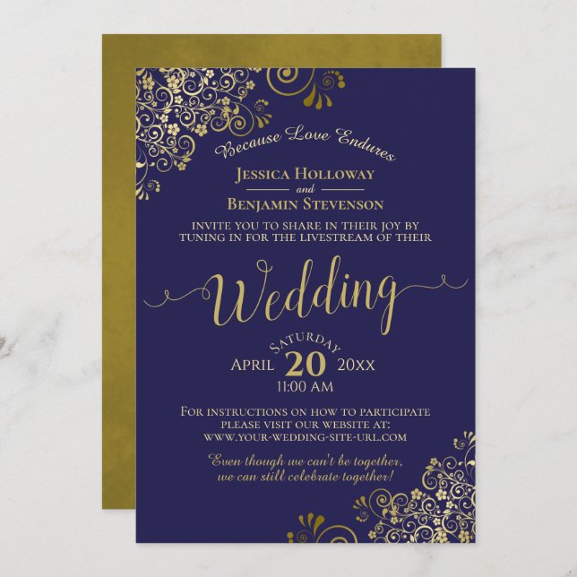 Chic Navy Blue & Gold Virtual Wedding Livestream Einladung (Vorne/Hinten)
