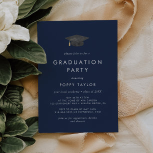 Chic Navy Blue Grad Cap Graduation Party Einladung