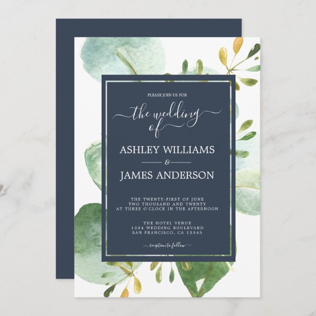 Chic Navy Blue Green Eucalyptus Botanical Wedding Einladung (Vorne/Hinten)