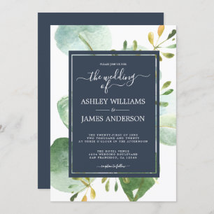 Chic Navy Blue Green Eucalyptus Botanical Wedding Einladung