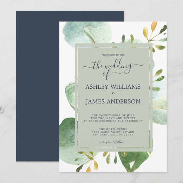 Chic Navy Blue Green Eucalyptus Botanical Wedding Einladung (Vorne/Hinten)