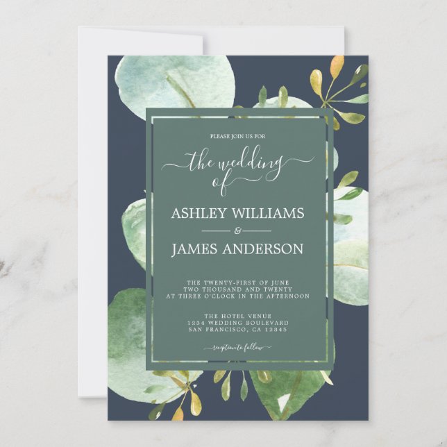 Chic Navy Blue Green Eucalyptus Botanical Wedding Einladung (Vorderseite)
