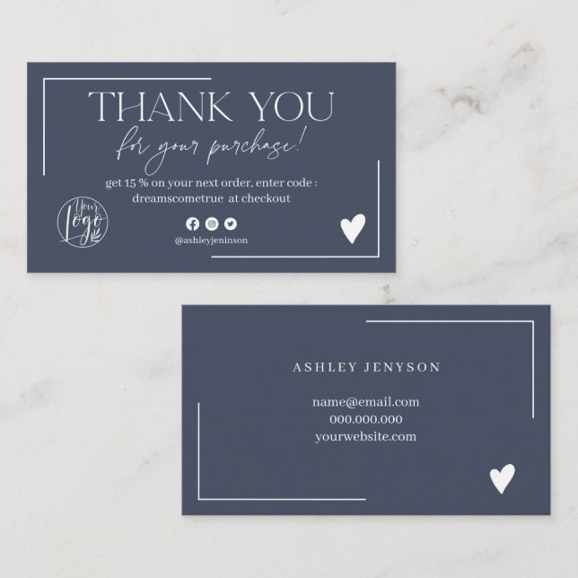 Chic navy blue logo skriptum danke visitenkarte (Vorne/Hinten)