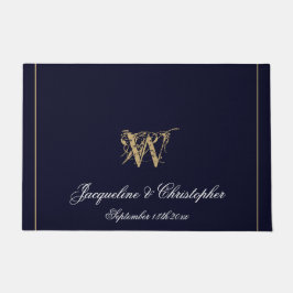 Chic Navy Blue Monogram Names Newlyweds Wedding Fußmatte