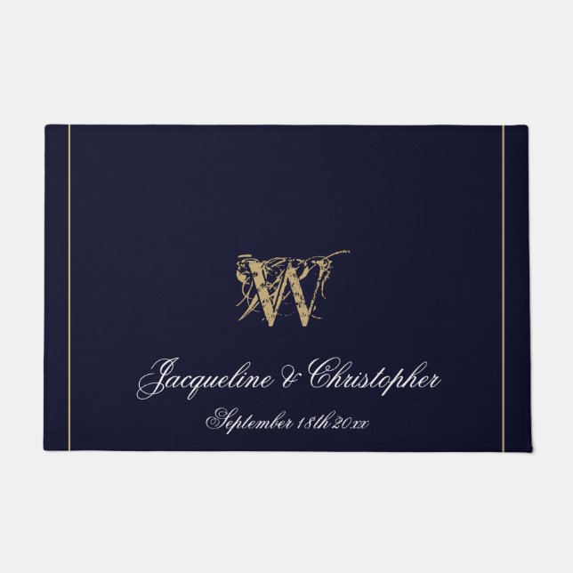 Chic Navy Blue Monogram Names Newlyweds Wedding Fußmatte (Vorderseite)