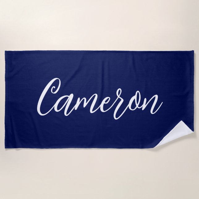 Chic Navy Blue Name Custom Handwritten Script Strandtuch (Vorderseite)