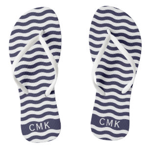 Chic Navy Blue Nautic Waves Beach Monogram Flip Flops