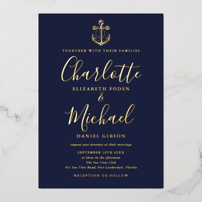 Chic Navy Blue Nautical Anchor Wedding Gold Foil Folieneinladung (Vorderseite)