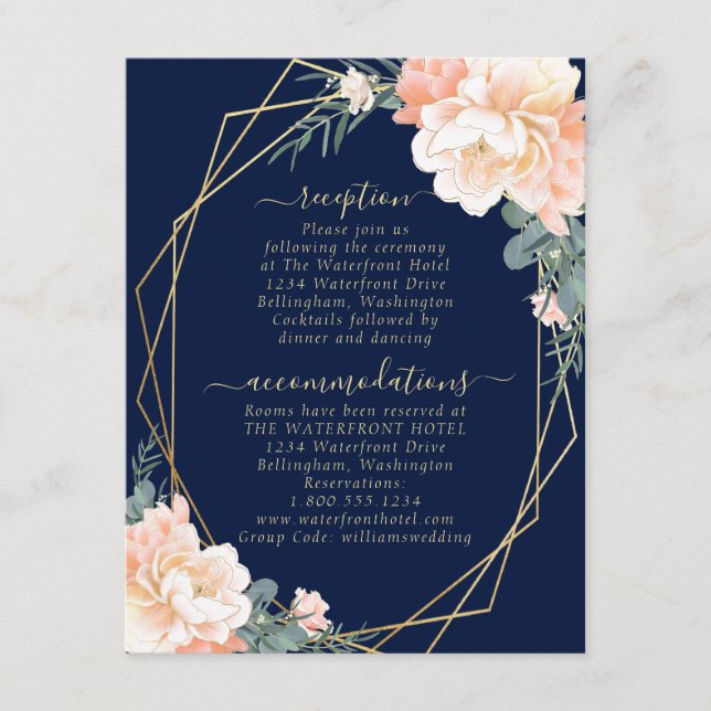 Chic Navy Blue Peach Floral Gold Hochzeiten Detail Begleitkarte (Vorderseite)
